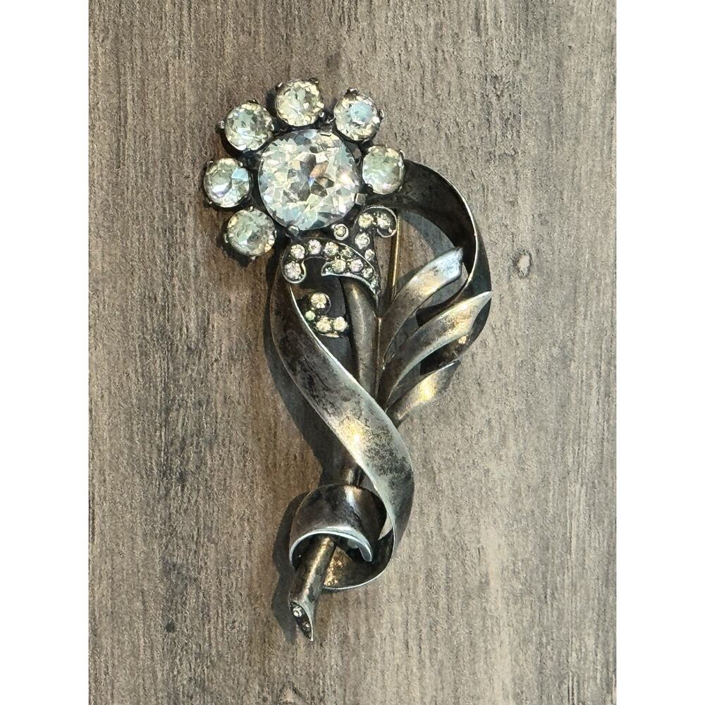 Vintage Mazer Sterling Silver Rhinestone Flower Brooch 3” 30’s - 40s’ WWII 34 gr